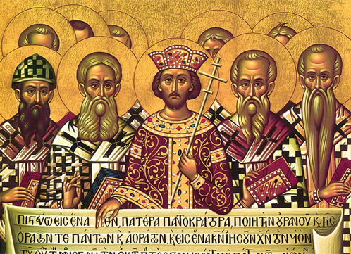 Orthodox Christian icon with saints and bishops holding a text, featuring elaborate robes and golden halos