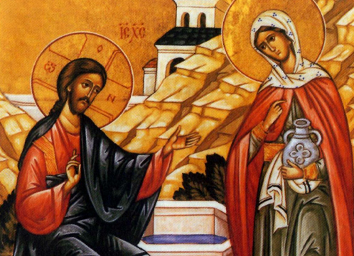 Religious artwork of two figures in conversation, one holding a jar, with a St. Mary Magdalene church and mountains in the background