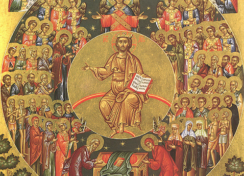 Orthodox Christian icon of Jesus Christ surrounded by angels and saints in a celestial scene