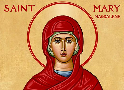 Icon of Saint Mary Magdalene in traditional red robe with halo on gold background