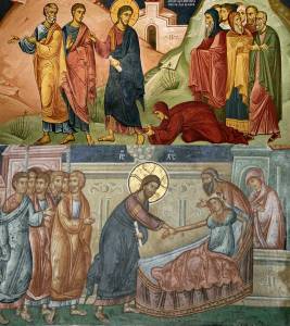 Biblical scene depicting miracles of healing with figures in traditional clothing, Christian art themes shown