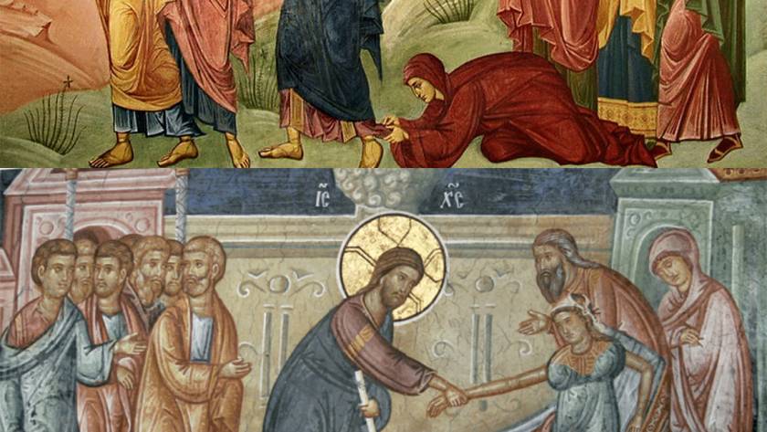 Biblical scene depicting miracles of healing with figures in traditional clothing, Christian art themes shown