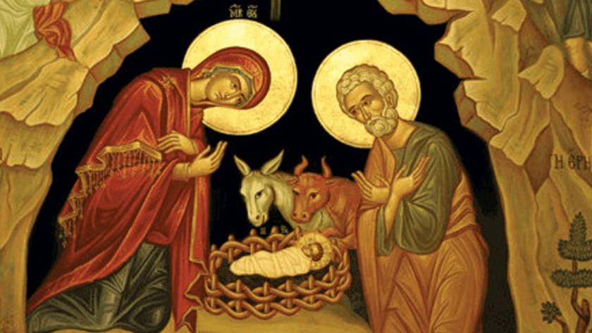 Nativity scene in traditional icon art style with Mary, Joseph, baby Jesus, and animals in a manger setting