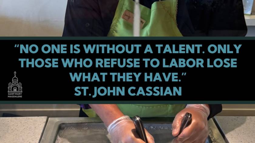 Person making rolled ice cream with St. John Cassian quote on talent and effort in the foreground