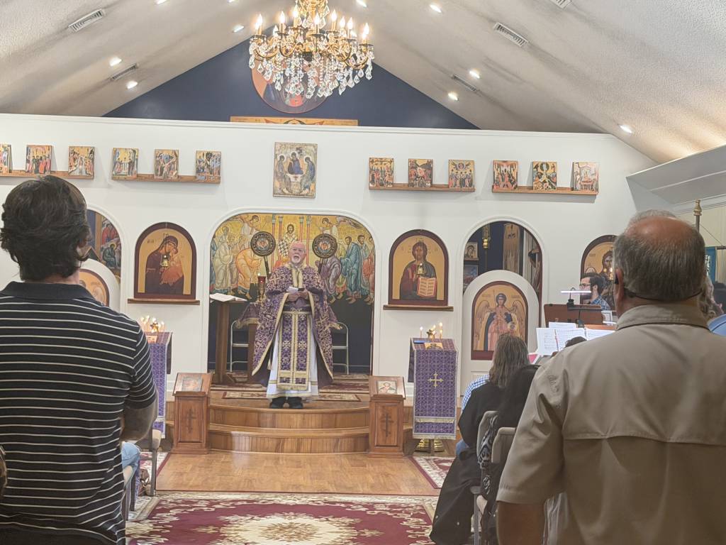 Orthodox church service with priest in purple vestments, congregation and religious icons, under a chandelier