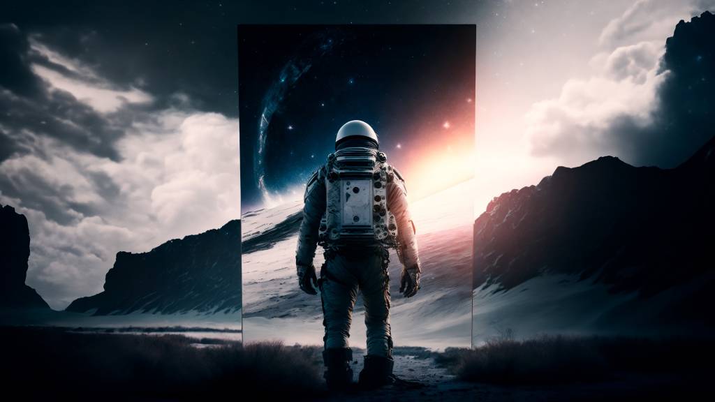 Astronaut explores a surreal cosmic landscape with mountains and starry sky, stepping through a sci-fi portal at sunset