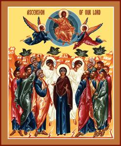 Orthodox icon of the Ascension of Jesus with apostles and angels in vibrant colors