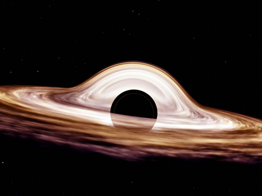 Illustration of a black hole with swirling accretion disk in space, showing gravitational distortion effects