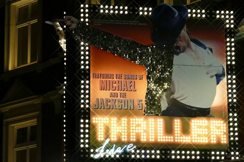 Thriller Live musical poster featuring songs of Michael and the Jackson 5 in illuminated lights