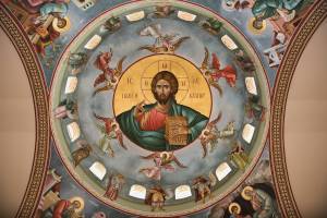 Dome artwork depicting religious iconography with central figure and surrounding angels in vibrant colors