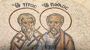 Mosaic artwork depicting two bearded figures with halos, showcasing Byzantine style and intricate tile design