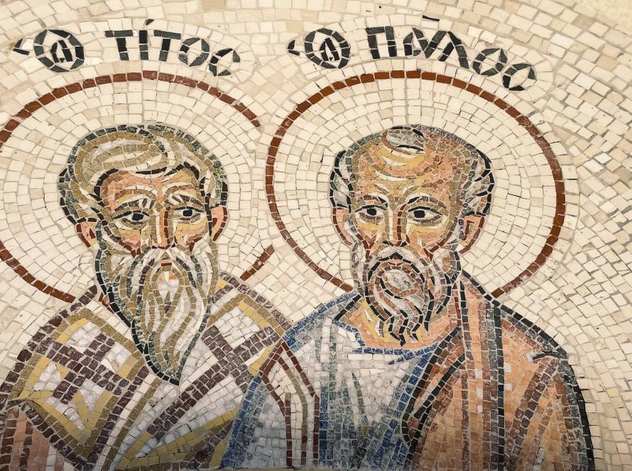 Mosaic artwork depicting two bearded figures with halos, showcasing Byzantine style and intricate tile design
