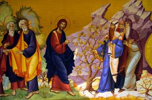 Religious painting depicting figures in robes discussing near a fig tree with a rocky background