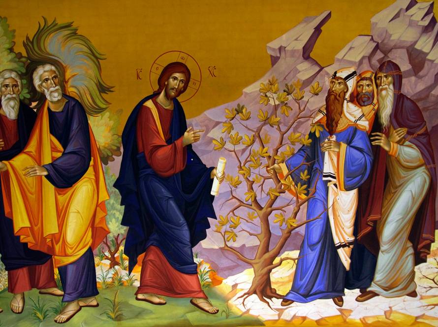 Religious painting depicting figures in robes discussing near a fig tree with a rocky background