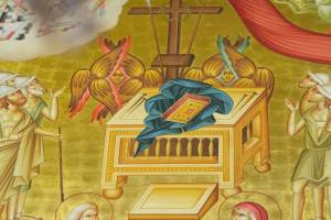 Religious iconography with angels and ornate altar surrounded by figures in a sacred scene