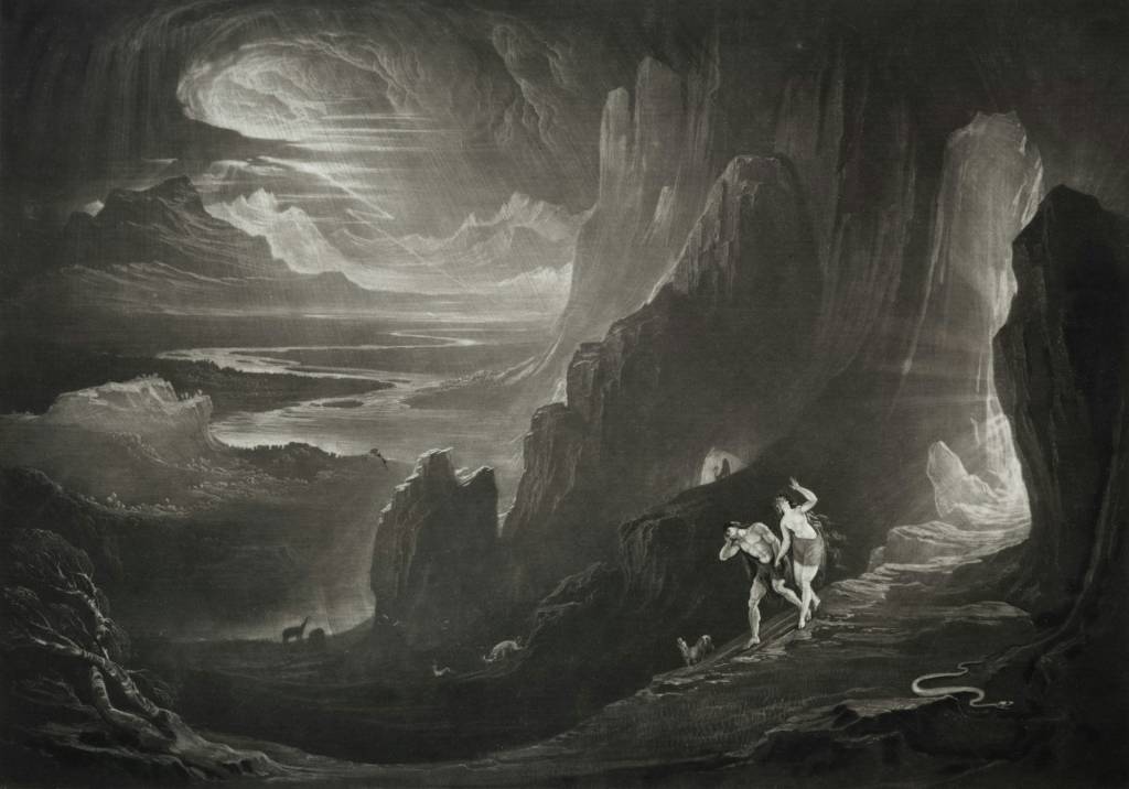 Dramatic black and white landscape with figures fleeing a dark cave under swirling skies and rugged mountains