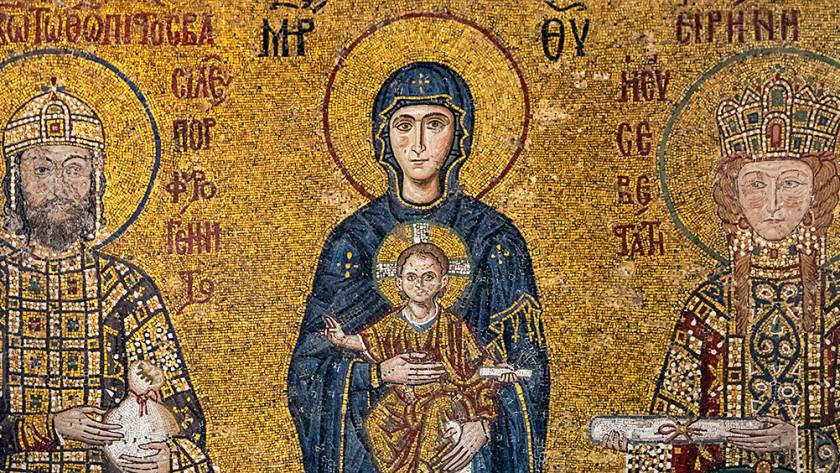 Byzantine mosaic of religious figures adorned in ornate robes, symbolizing historical art and cultural heritage