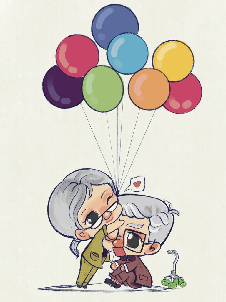Cute elderly couple in cartoon style with colorful balloons, expressing love and joy, perfect for a heartfelt greeting card
