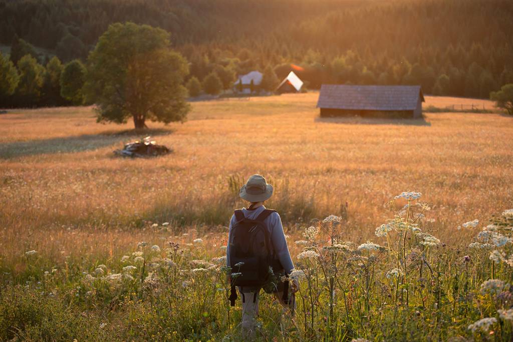Person with backpack explores serene field at sunset, with rustic cottages in the background and a peaceful rural landscape