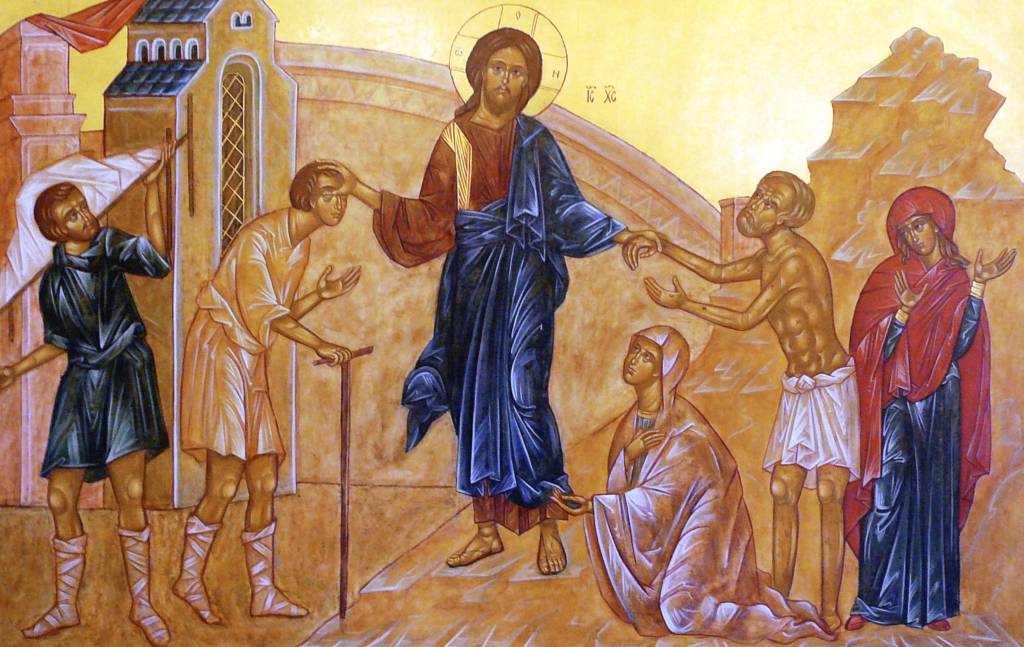 Christ the Physician icon imagery, with a wounded soul being healed through the life of the Church.