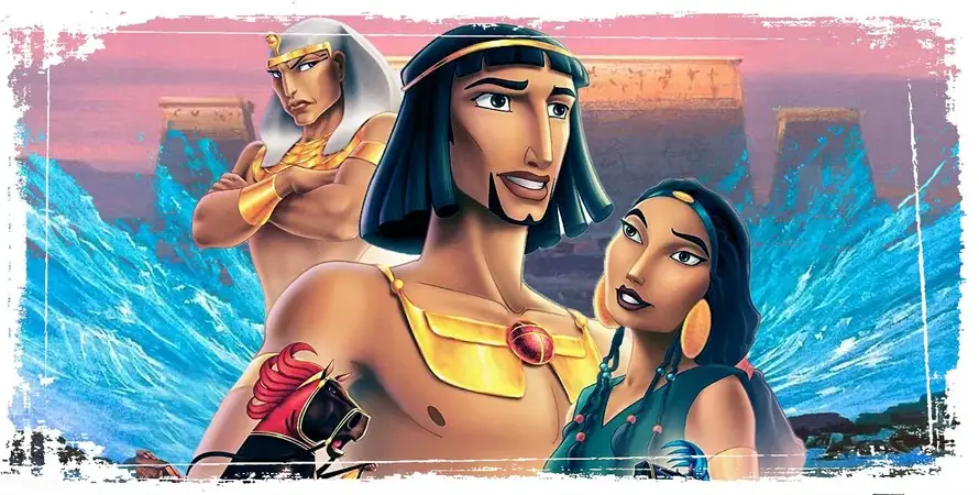 Animated scene with Egyptian characters in ancient attire by the sea, featuring a man and woman in a romantic embrace