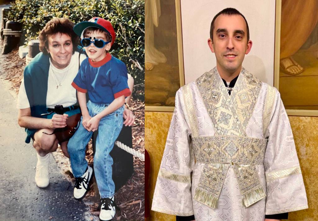 Vintage childhood photo alongside a recent formal portrait, showcasing life changes over time