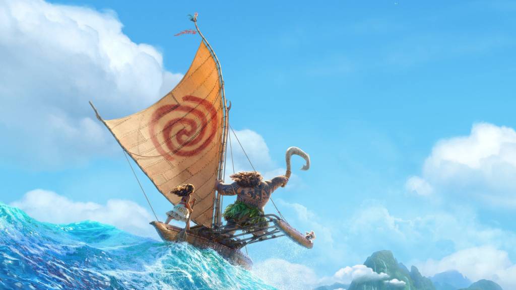 Animated characters sailing on a wooden raft with a large sail in the ocean under a clear blue sky