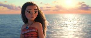 Animated character standing by the ocean at sunset, wearing a red patterned dress and a necklace
