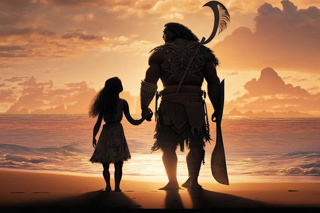 Animated scene of characters holding hands on a beach at sunset, facing the ocean with a dramatic sky