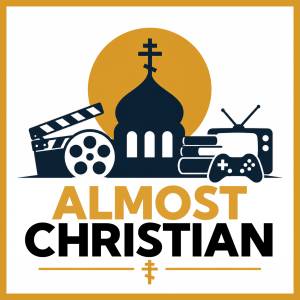 Almost Christian logo featuring film reel, clapperboard, church, books, TV, and game controller in black and gold